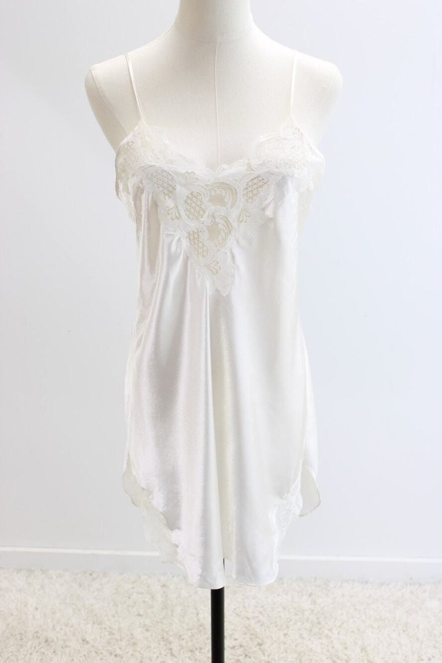 VTG Victoria's Secret Nightie M Gold Label Slippery Satin White Dress Slip